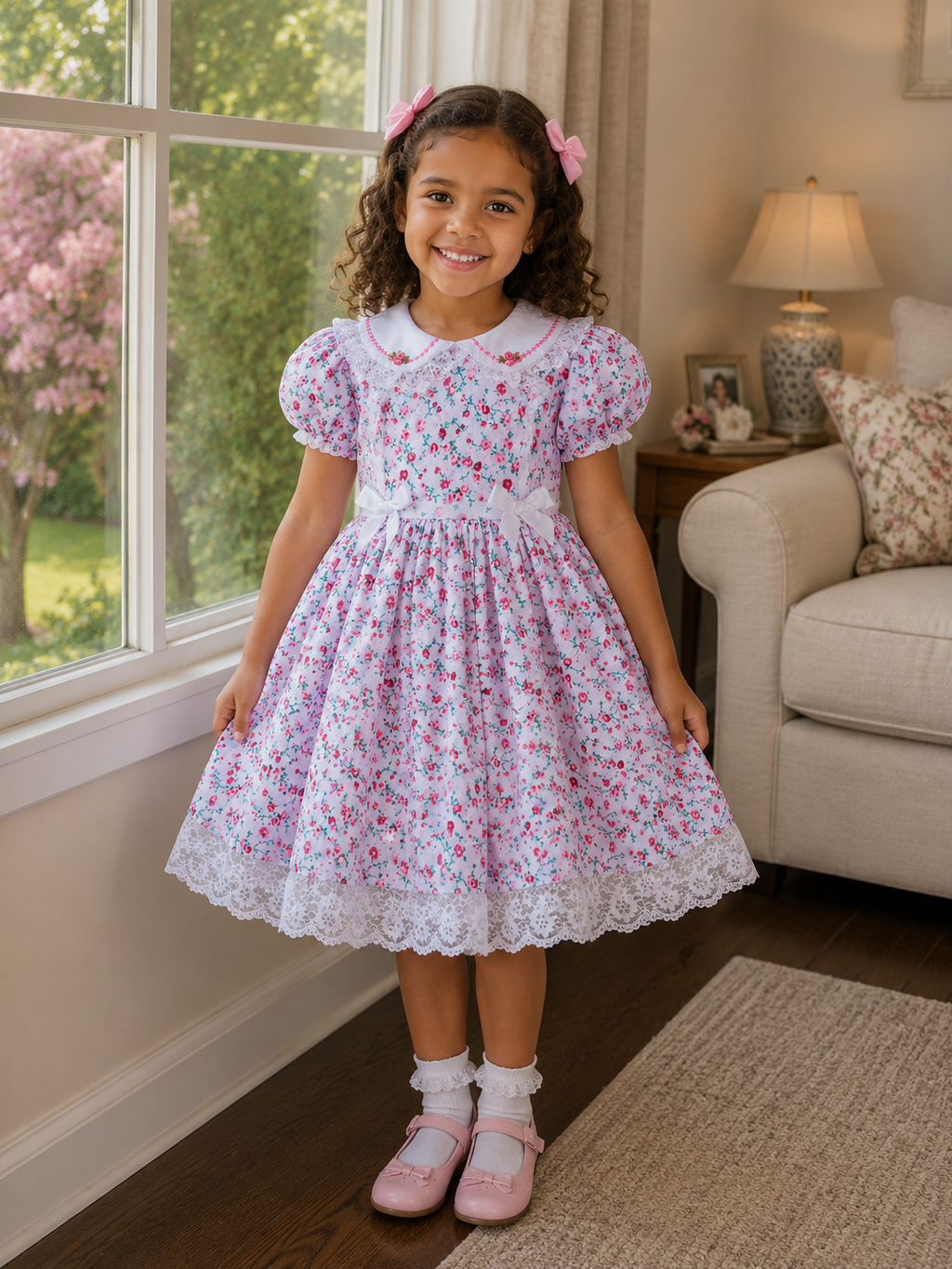 Autumn fuchsia pink roses embroidered collar lined dress 0-10 years
