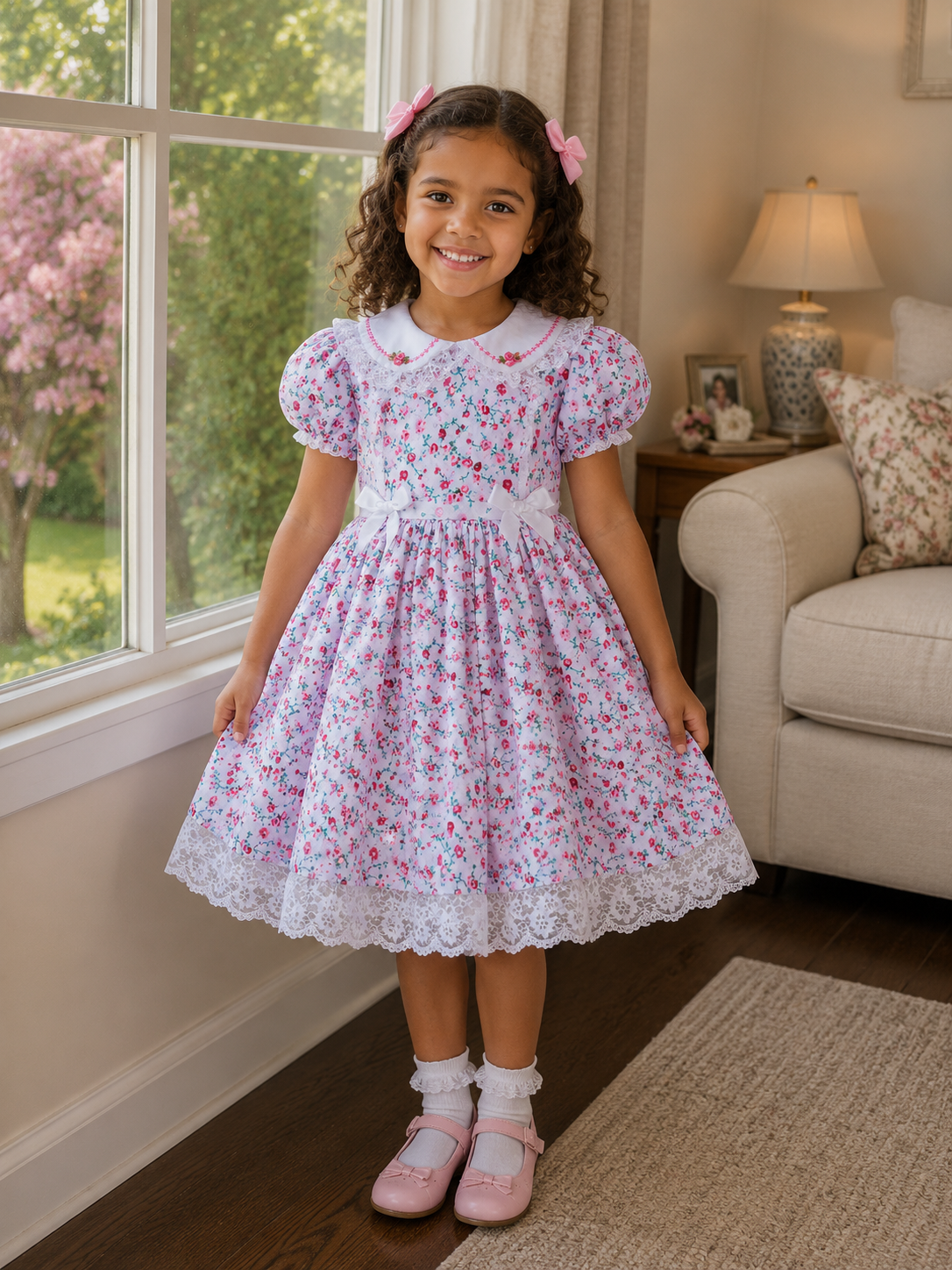 Autumn fuchsia pink roses embroidered collar lined dress 0-10 years