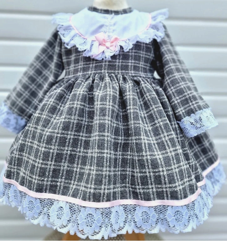 SALE  0-3 years BABY GIRLS Traditional grey white pink bib front lined dress