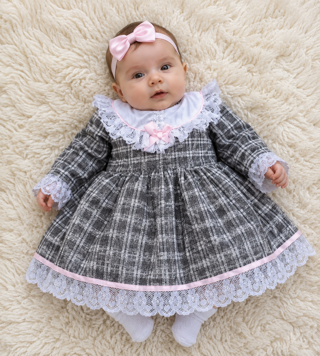 SALE  0-3 years BABY GIRLS Traditional grey white pink bib front lined dress