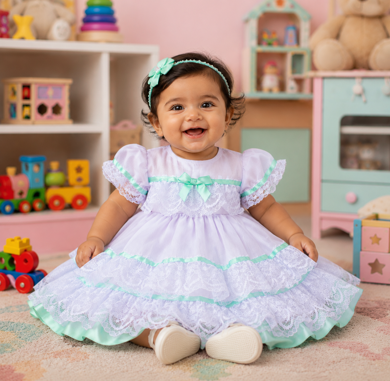Olivia baby girl lace ribbon layers traditional frilly dress 9 colours