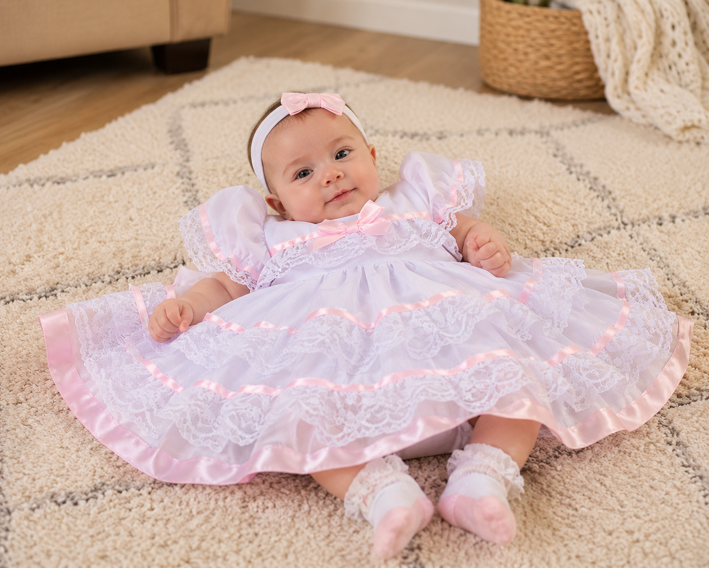Olivia baby girl lace ribbon layers traditional frilly dress 9 colours