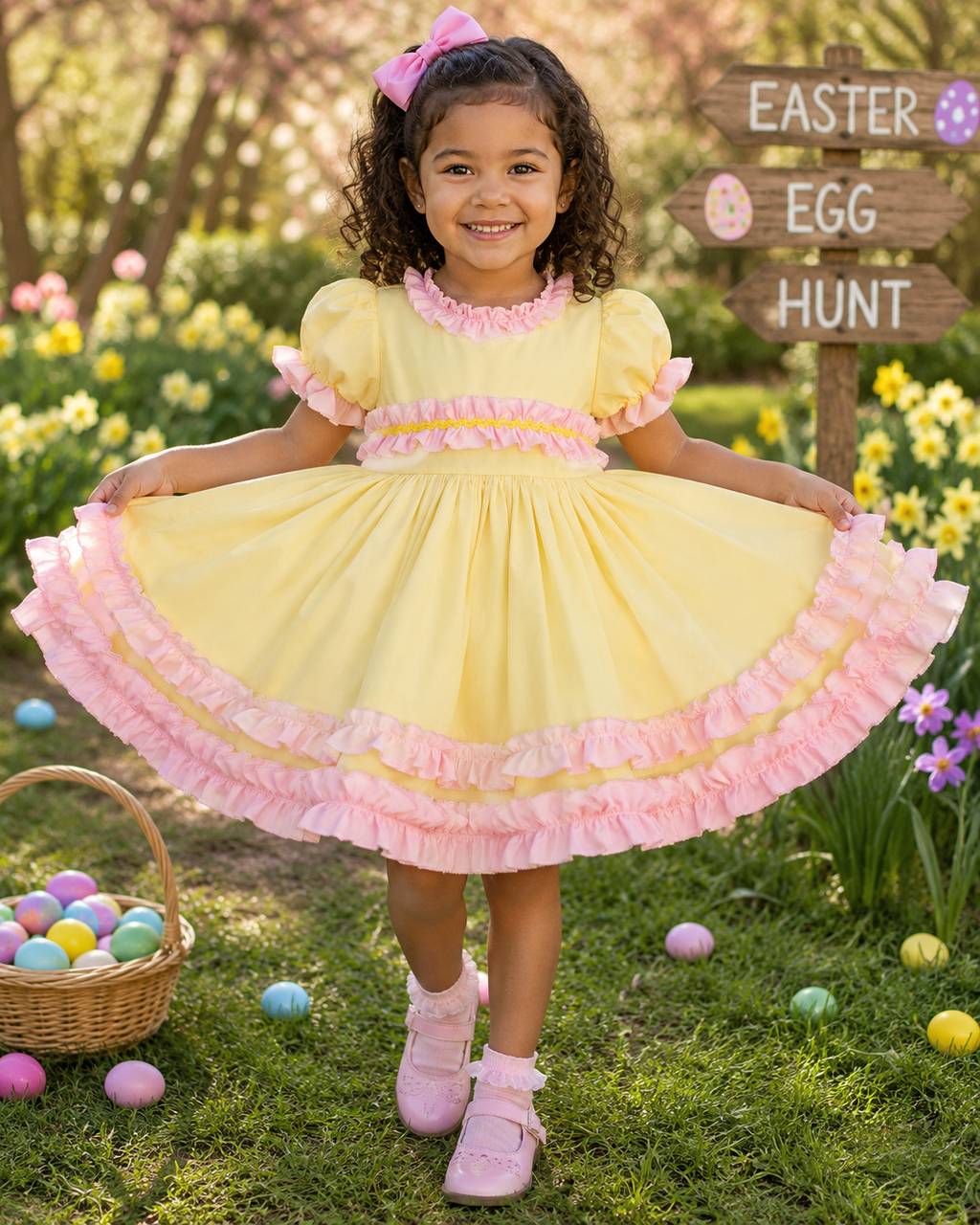 Mia 0-10 years BABY GIRLS Easter lemon and pink ruffles twirly lined dress