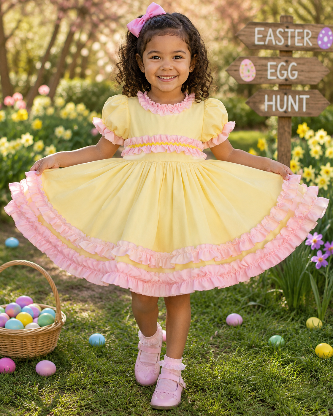 Mia 0-10 years BABY GIRLS Easter lemon and pink ruffles twirly lined dress