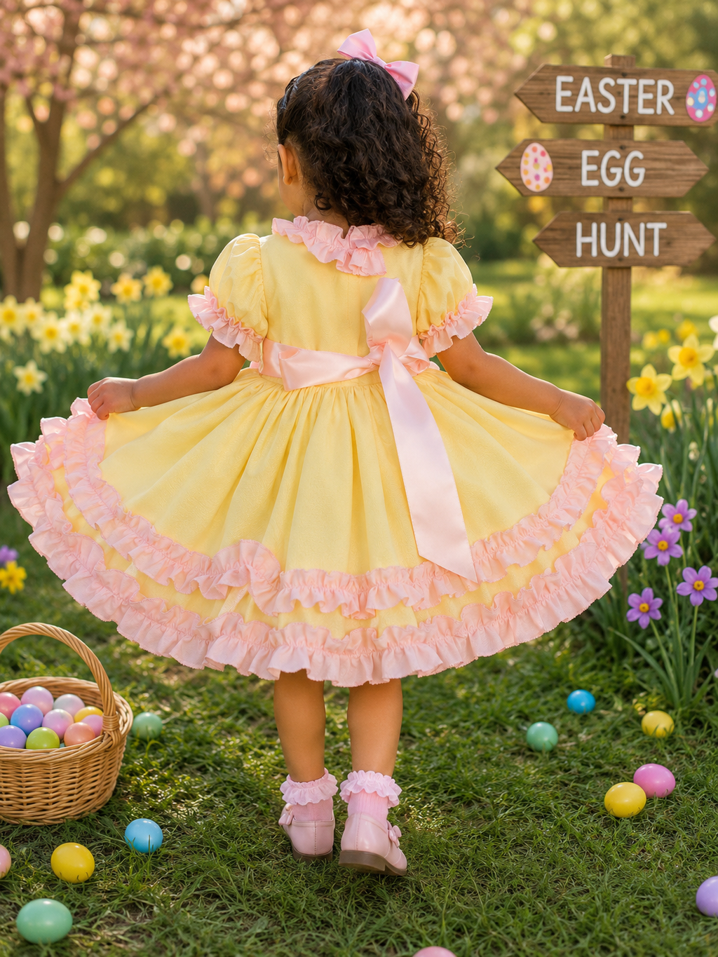 Mia 0-10 years BABY GIRLS Easter lemon and pink ruffles twirly lined dress