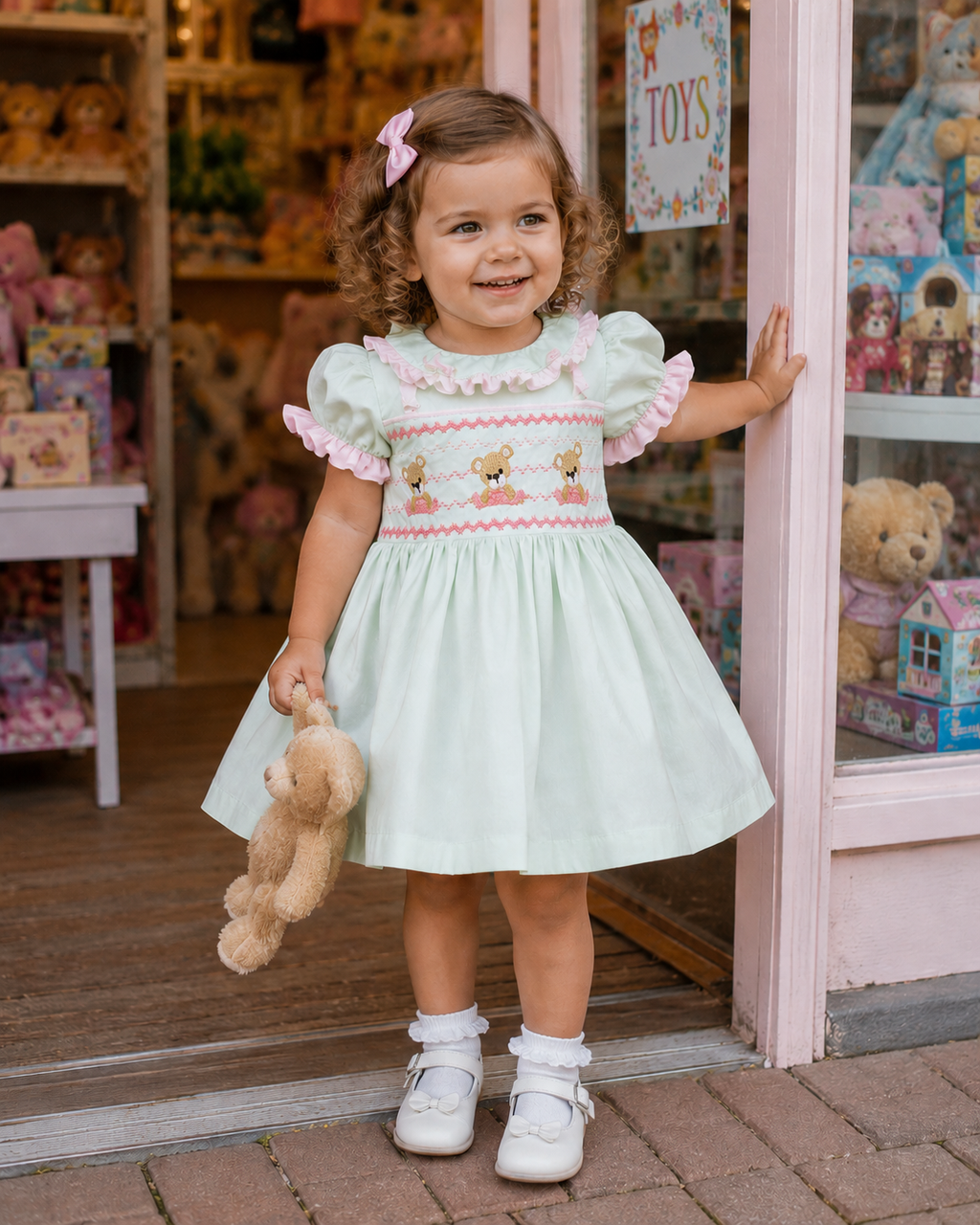 Nova mint pink faux smocked teddy embroidered panel  lined dress