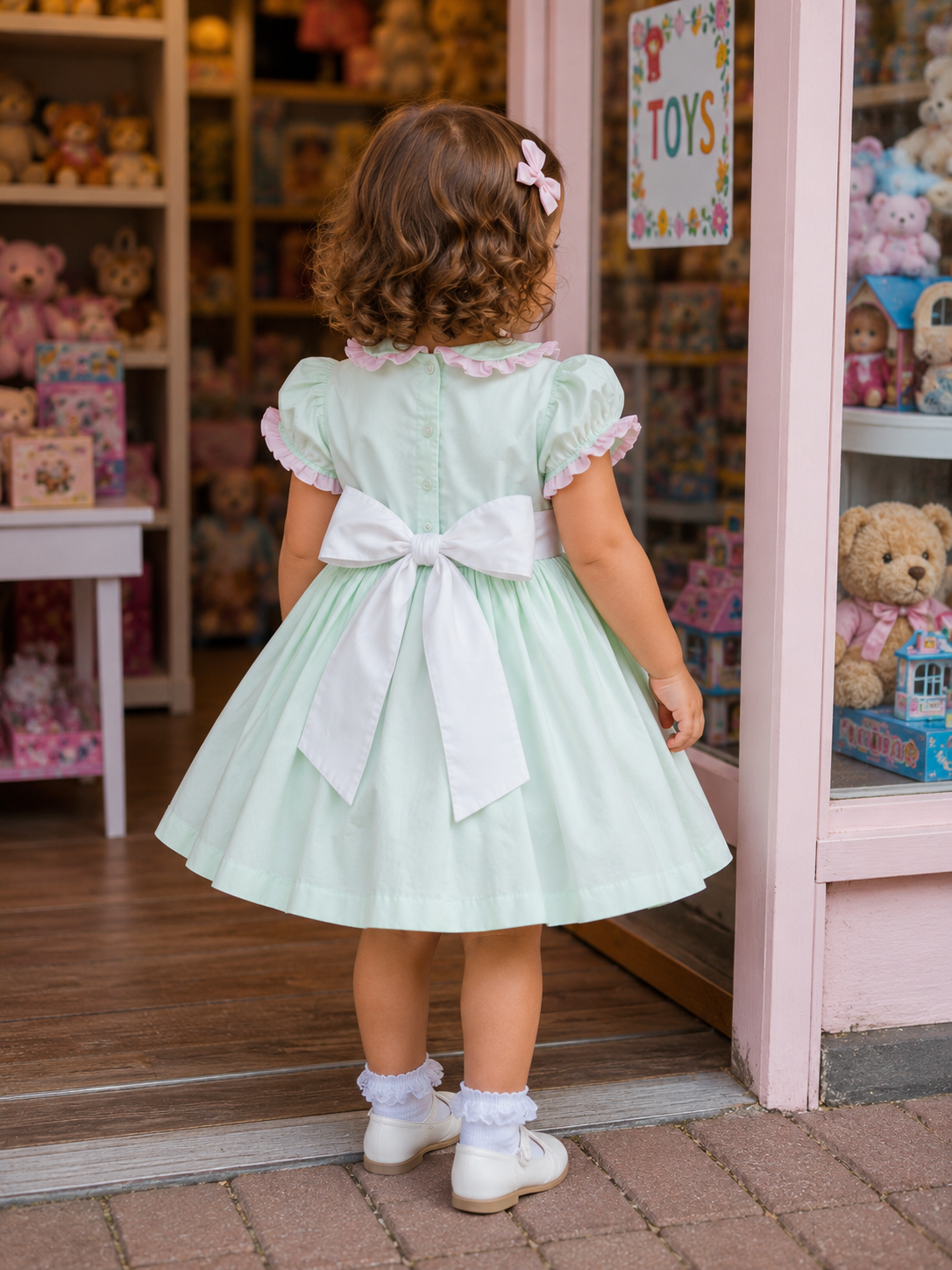 Nova mint pink faux smocked teddy embroidered panel  lined dress