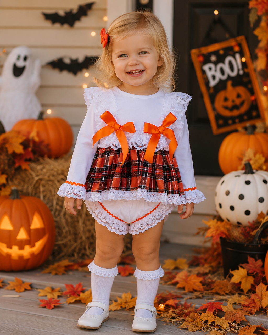 SALE 0-3 months  girls white orange  tartan top and knickers set