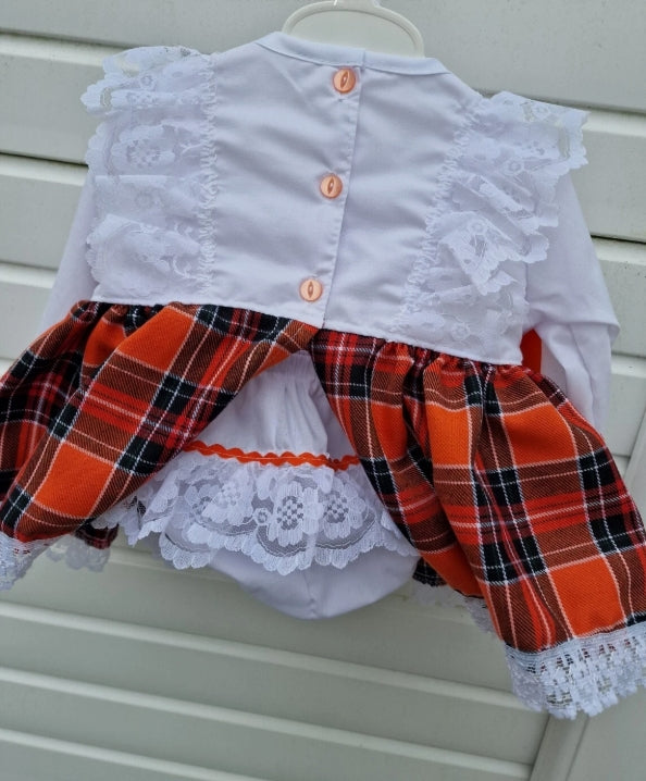 SALE 0-3 months  girls white orange  tartan top and knickers set