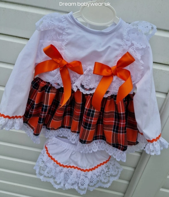 SALE 0-3 months  girls white orange  tartan top and knickers set