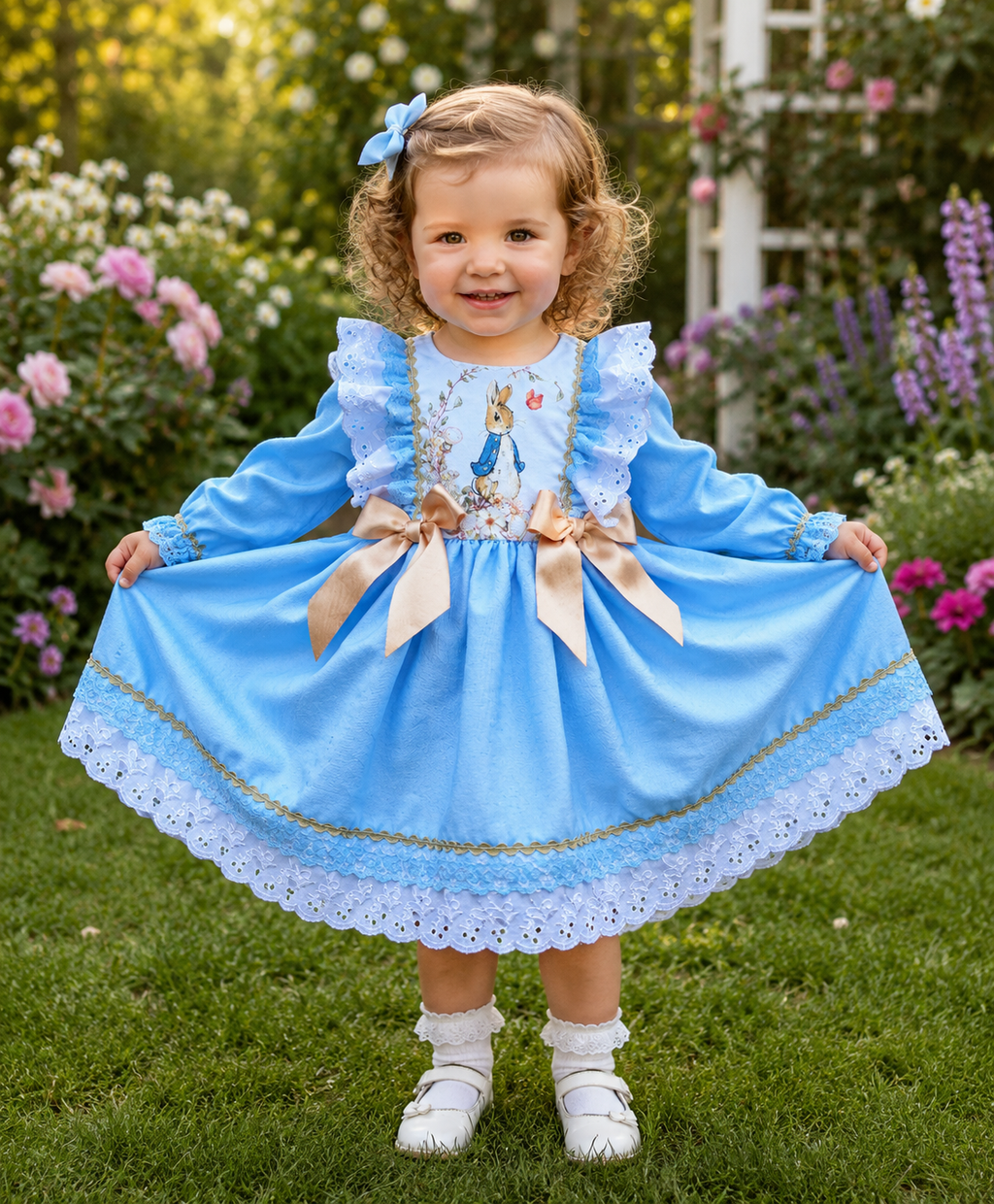 BABY GIRLS Peter Rabbit traditional Romany twirly blue dress