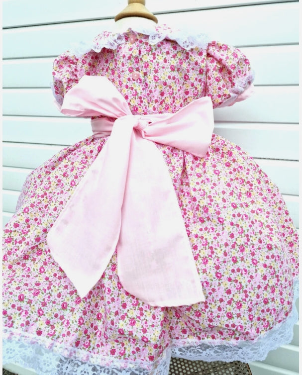 pink ditsy floral  roses frilled  collar lined dress 0-10 years