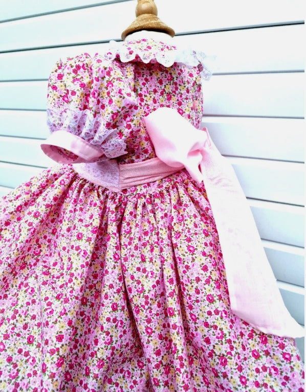 pink ditsy floral  roses frilled  collar lined dress 0-10 years
