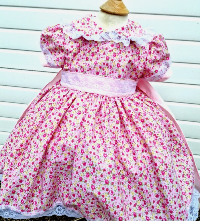 pink ditsy floral  roses frilled  collar lined dress 0-10 years