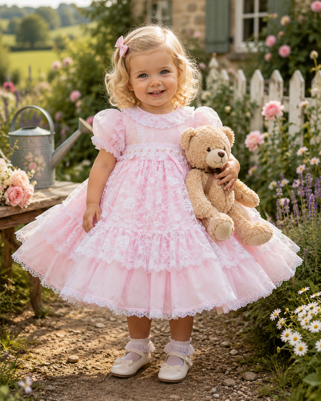 Marnie-Lou lemon pink or blue lacy puffball girls dress 0-8 years