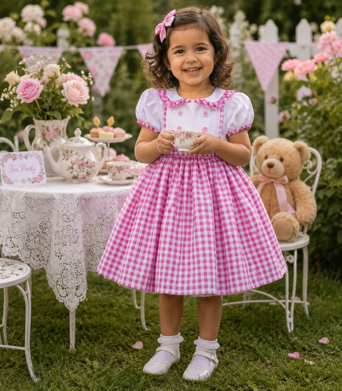 Camilla girls traditional white pink gingham twirly belt dress 0-10 years