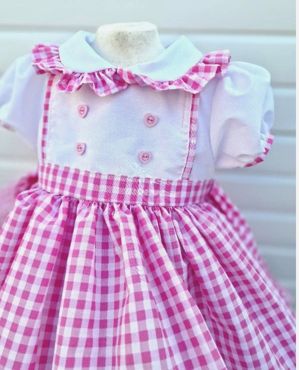Camilla girls traditional white pink gingham twirly belt dress 0-10 years
