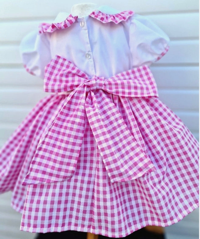 Camilla girls traditional white pink gingham twirly belt dress 0-10 years