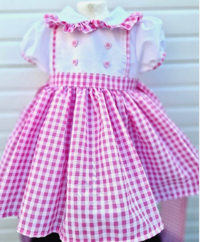 Camilla girls traditional white pink gingham twirly belt dress 0-10 years