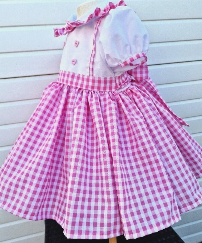 Camilla girls traditional white pink gingham twirly belt dress 0-10 years