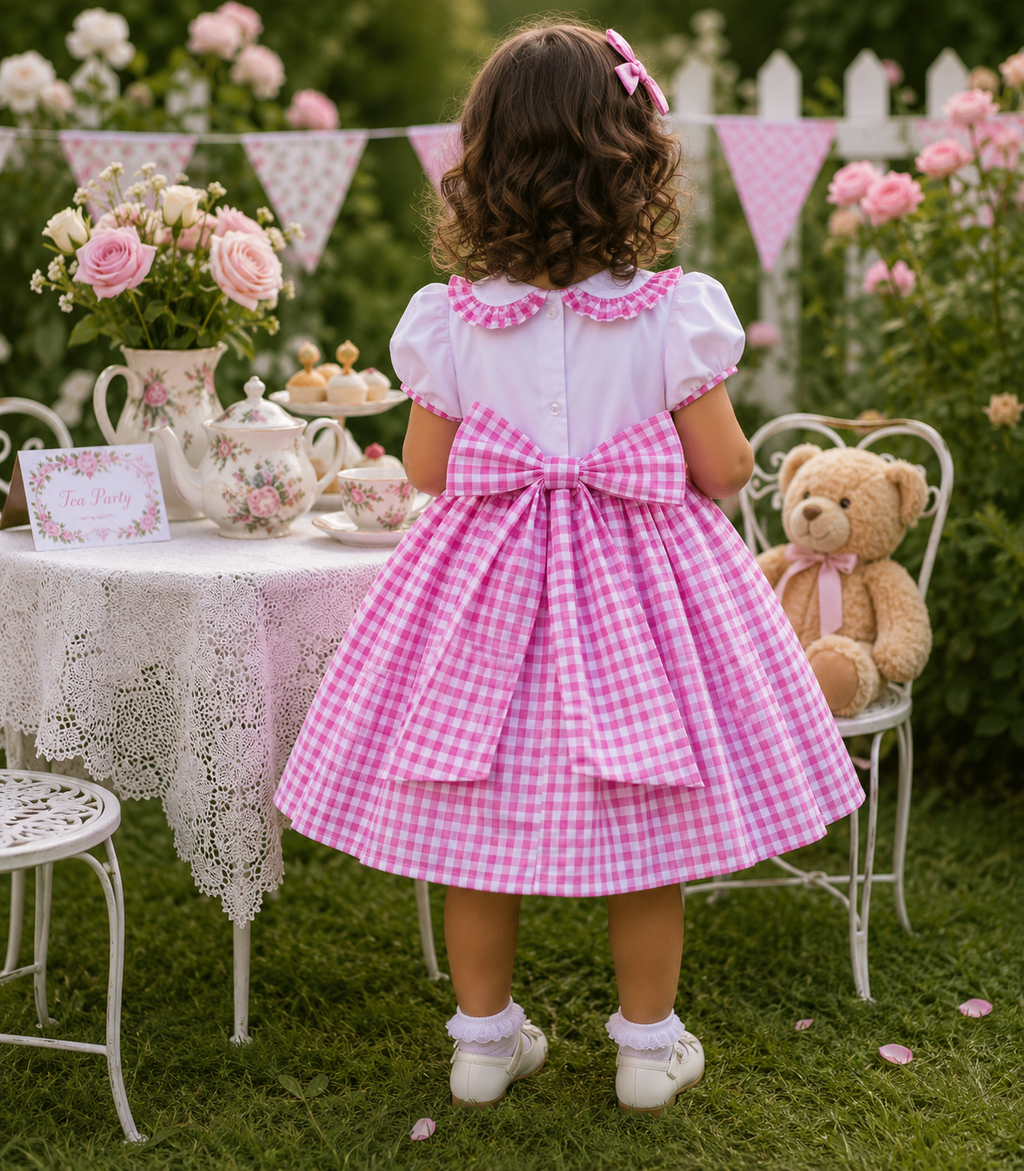 Camilla girls traditional white pink gingham twirly belt dress 0-10 years