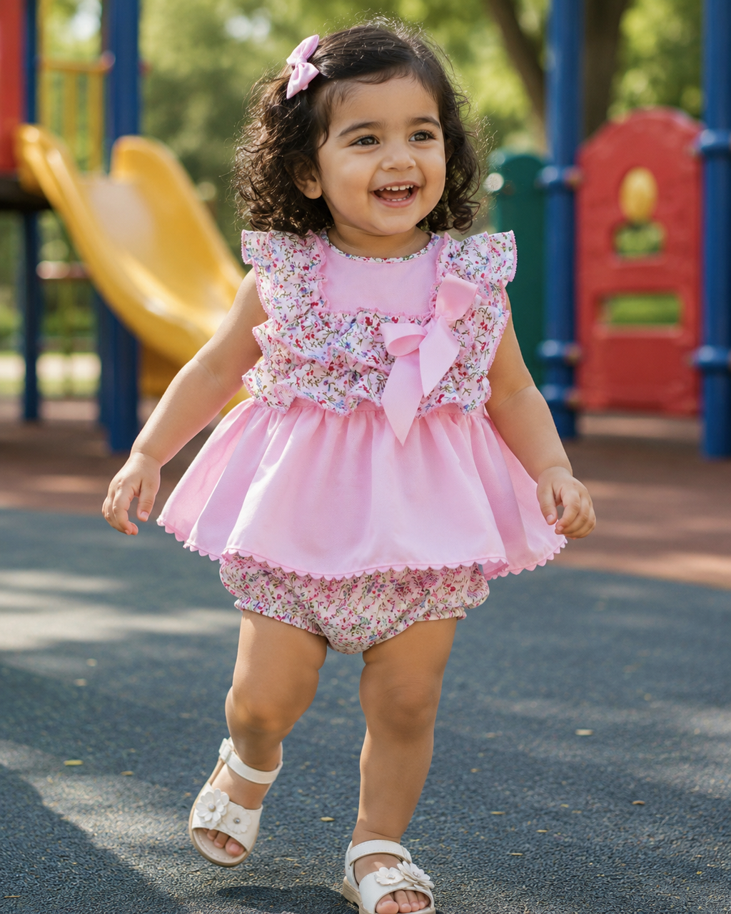 0-8 years BABY GIRLS PINK SUMMER MEADOWS RUFFLES SUMMER TOP AND PANTS SET