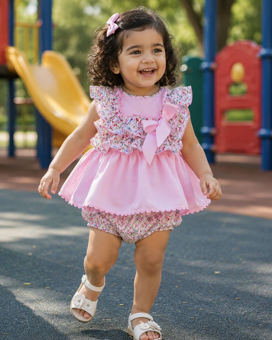 0-8 years BABY GIRLS PINK SUMMER MEADOWS RUFFLES SUMMER TOP AND PANTS SET