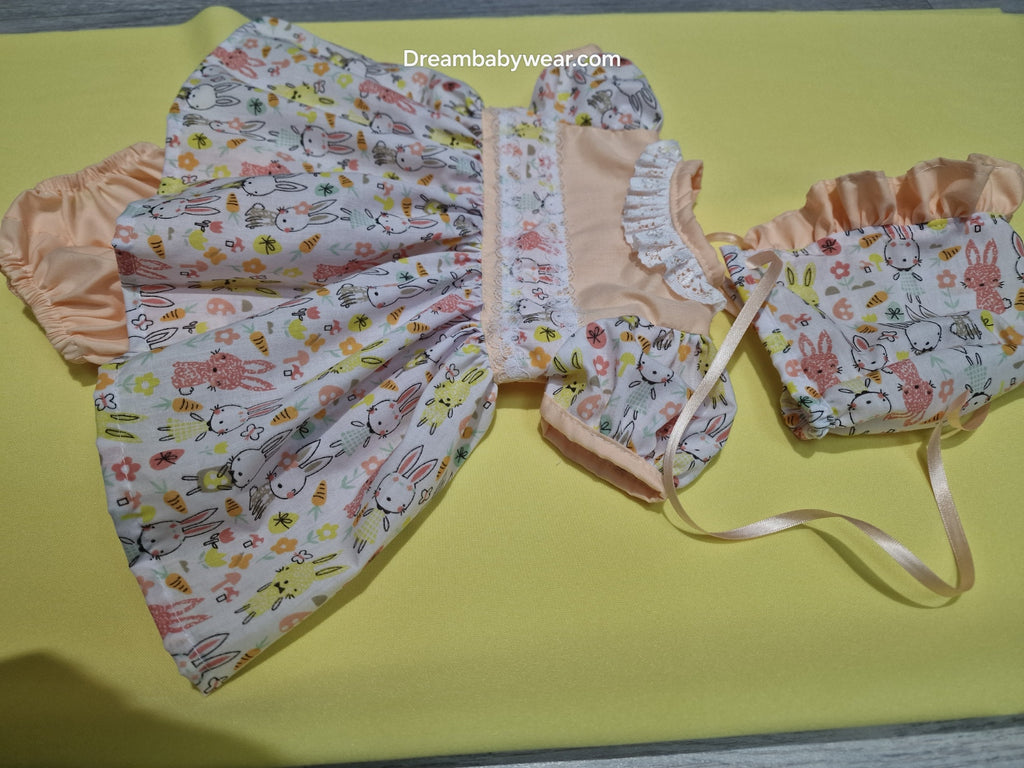 Dream New born coral rabbit  dress knickers and bonnet set
