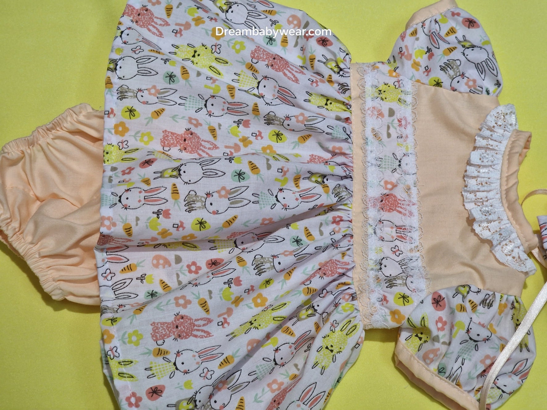 Dream New born coral rabbit  dress knickers and bonnet set