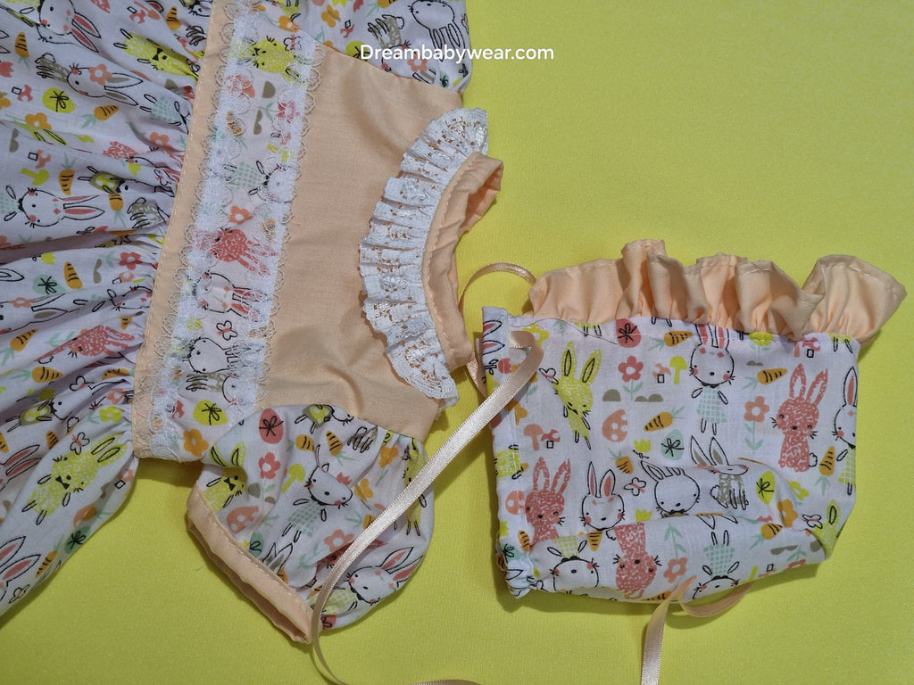 Dream New born coral rabbit  dress knickers and bonnet set