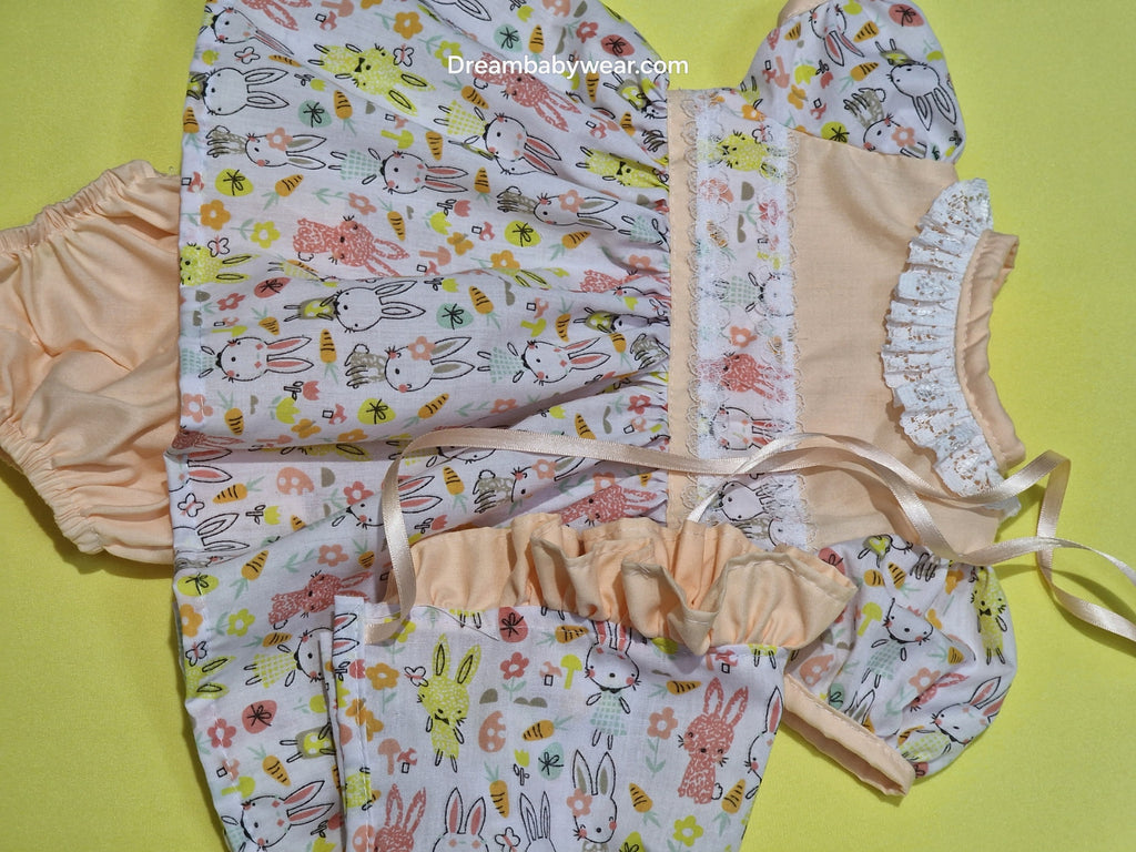 Dream New born coral rabbit  dress knickers and bonnet set