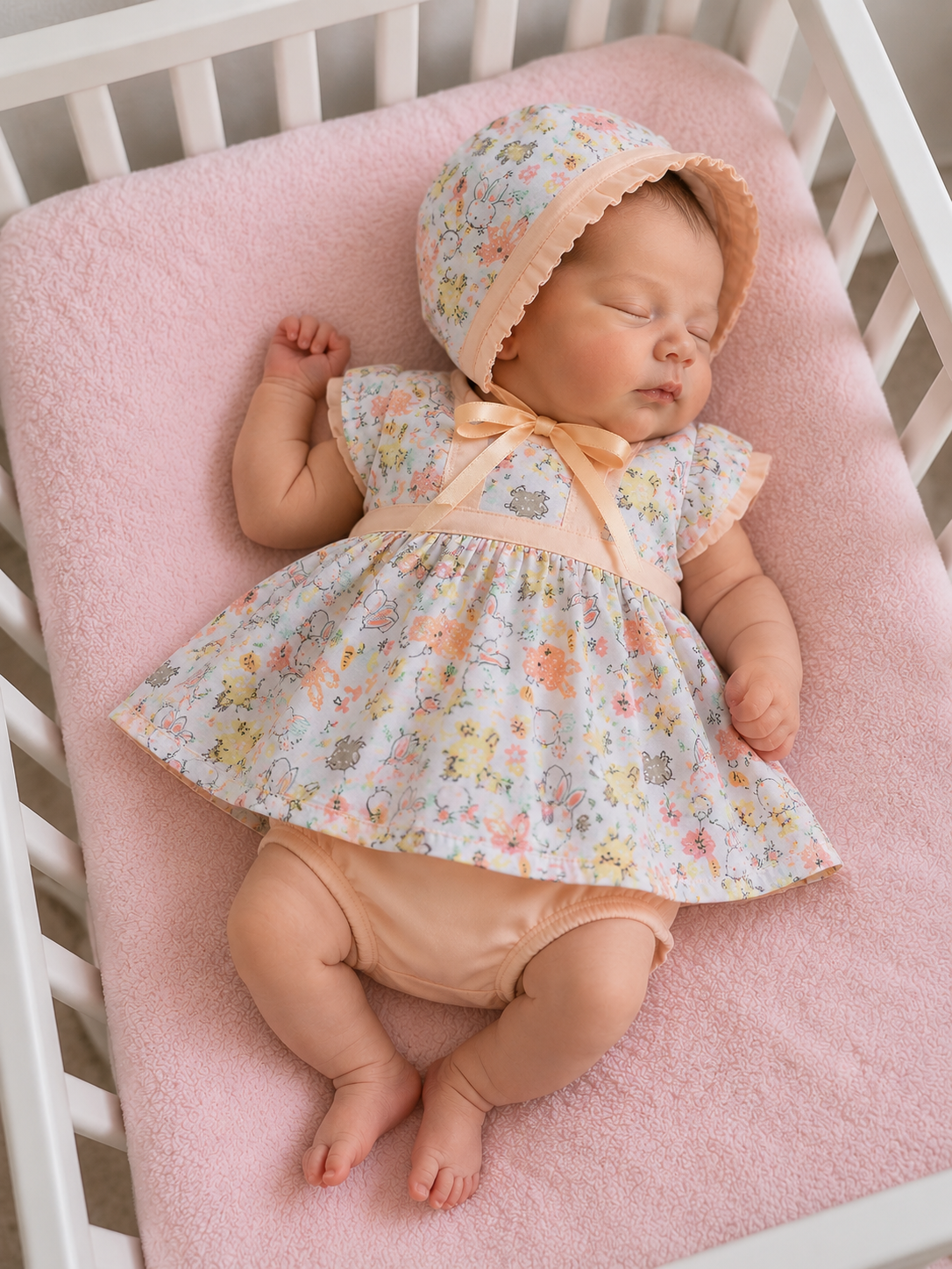 Dream New born coral rabbit  dress knickers and bonnet set