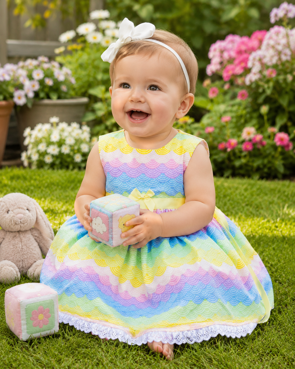 SALE 0-3 3-6 2-3 3-4BABY GIRLS pastel rainbows twirly lined tie belt dress
