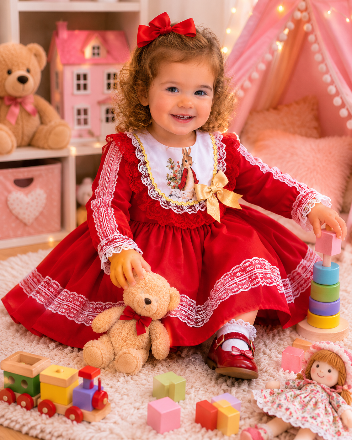 0-8 years BABY GIRLS Red gold Peter Rabbit traditional Romany twirly dress