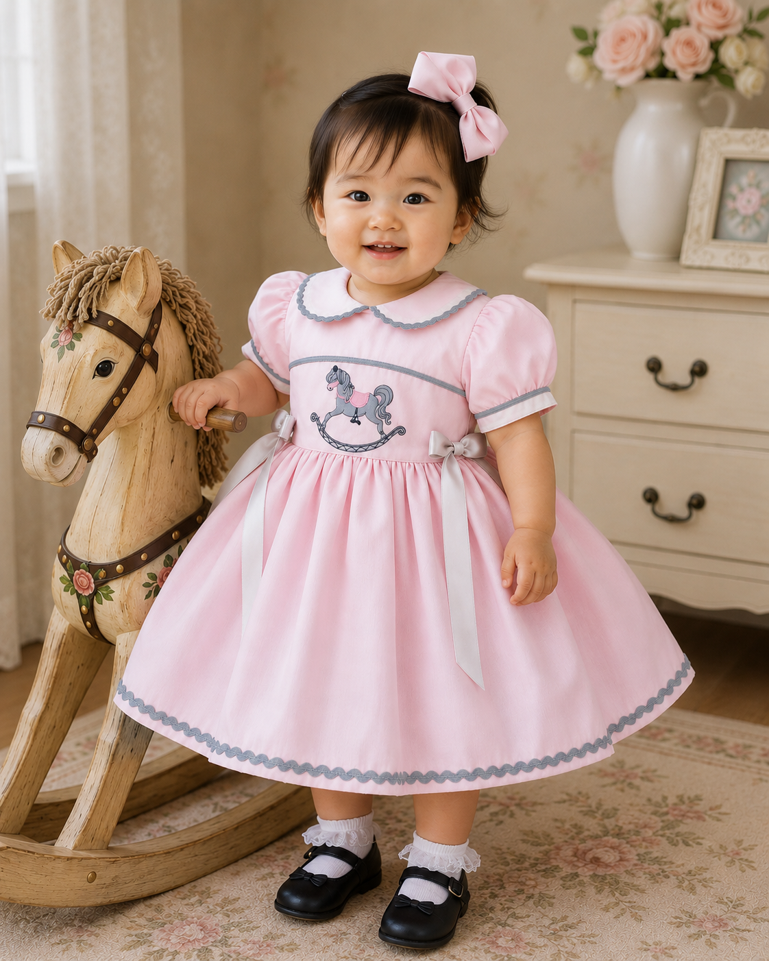 Ella pink grey embroidered rocking horse  lined dress 0-10 years
