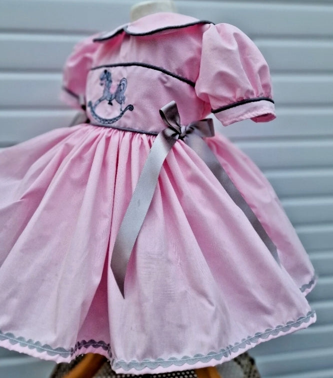 Ella pink grey embroidered rocking horse  lined dress 0-10 years