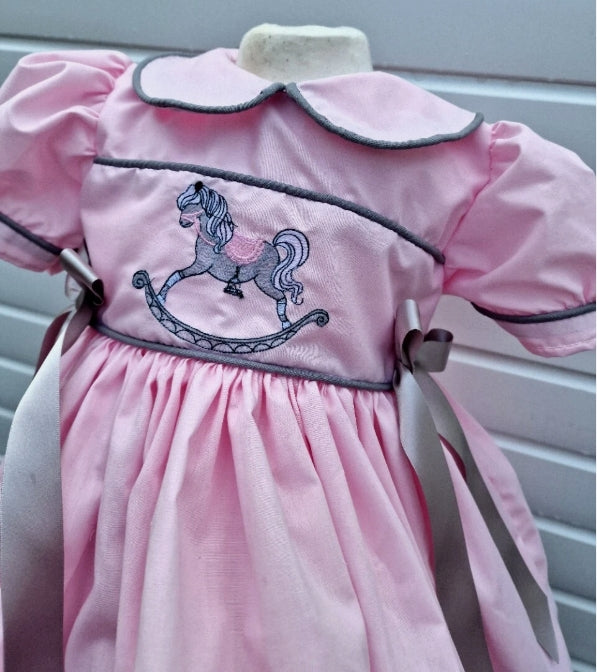 Ella pink grey embroidered rocking horse  lined dress 0-10 years