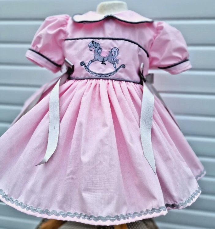 Ella pink grey embroidered rocking horse  lined dress 0-10 years