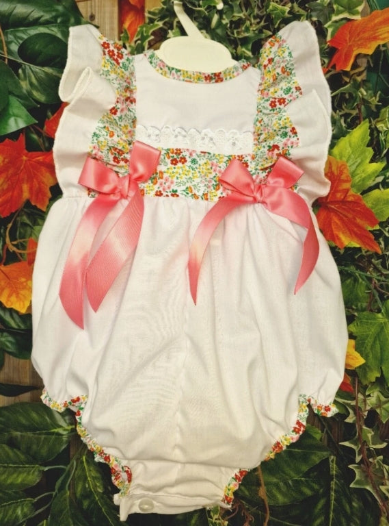 SALE 6-12 12-18 2-3 baby girls white with meadows floral bubble romper