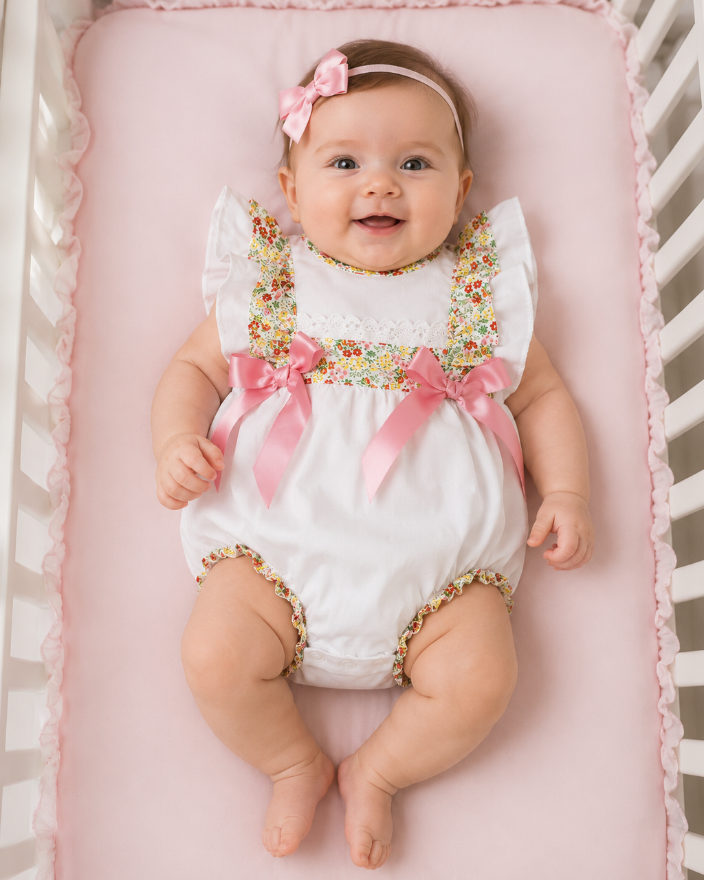 SALE 6-12 12-18 2-3 baby girls white with meadows floral bubble romper