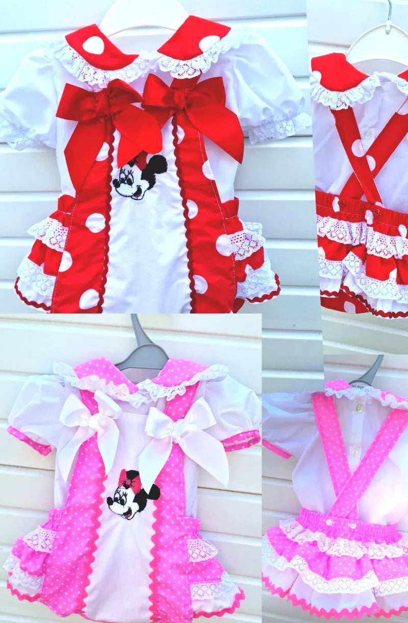 DREAM 0-6 years BABY GIRLSMINNE MOUSE BLOUSE AND FRILLY BUM ROMPER RED OR PINK