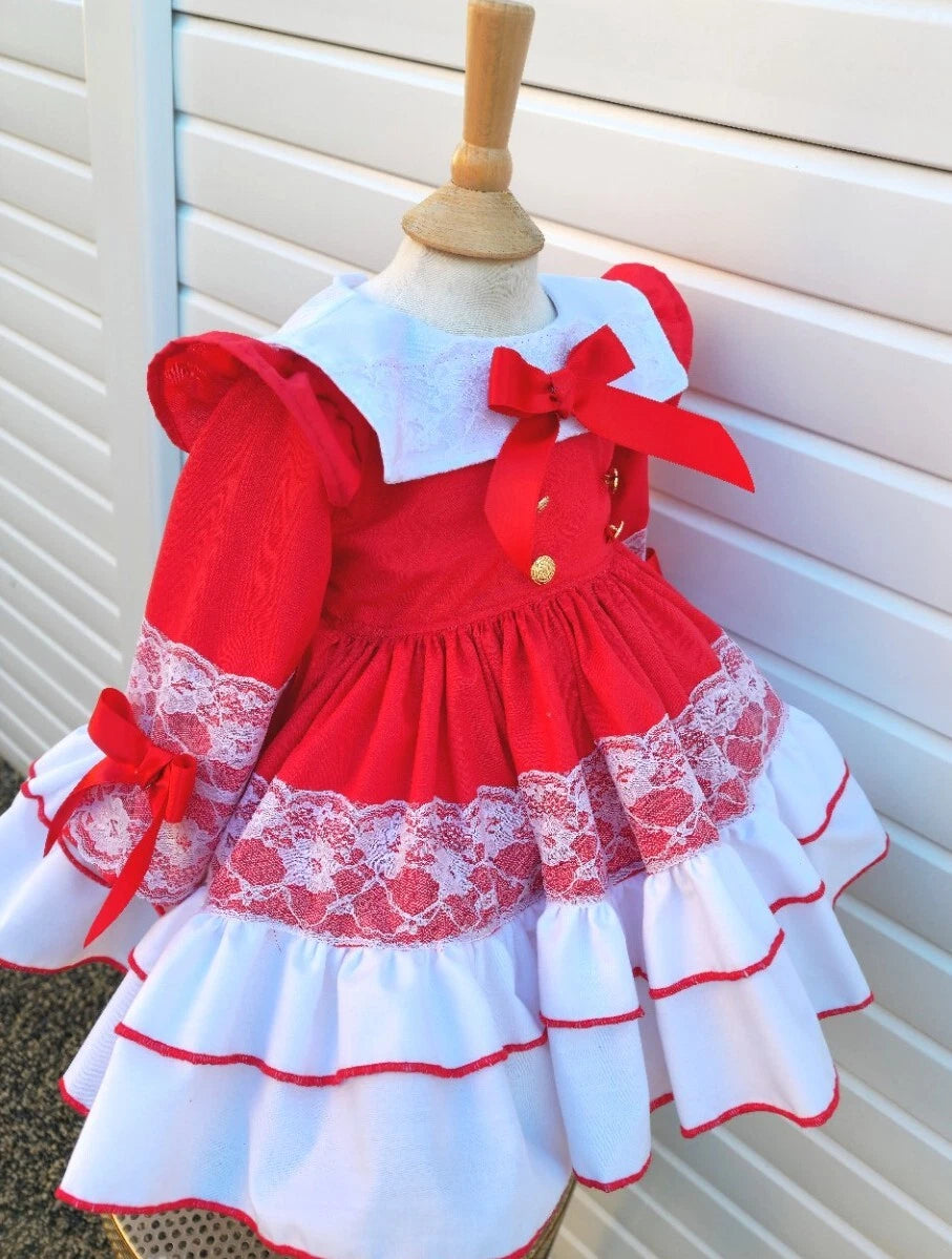 DREAM 0-8 years BABY GIRL Red Xmas puffball layered Romany Spanish frilly dress