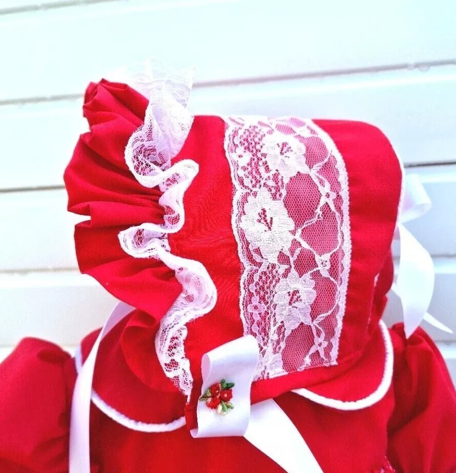 DREAM 0-5 years baby girl frilly traditional lined red white xmas  lined bonnet
