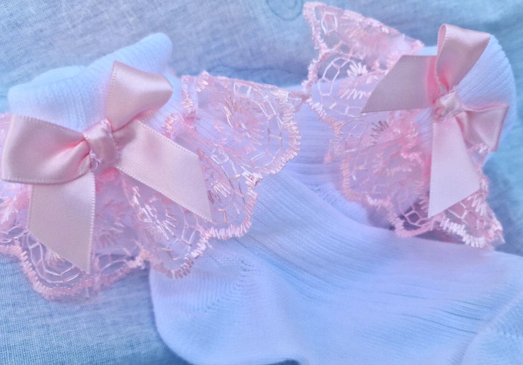 DREAM BABY GIRLS TRADITIONAL embroidered tulle and bow ankle socks ALL SIZES