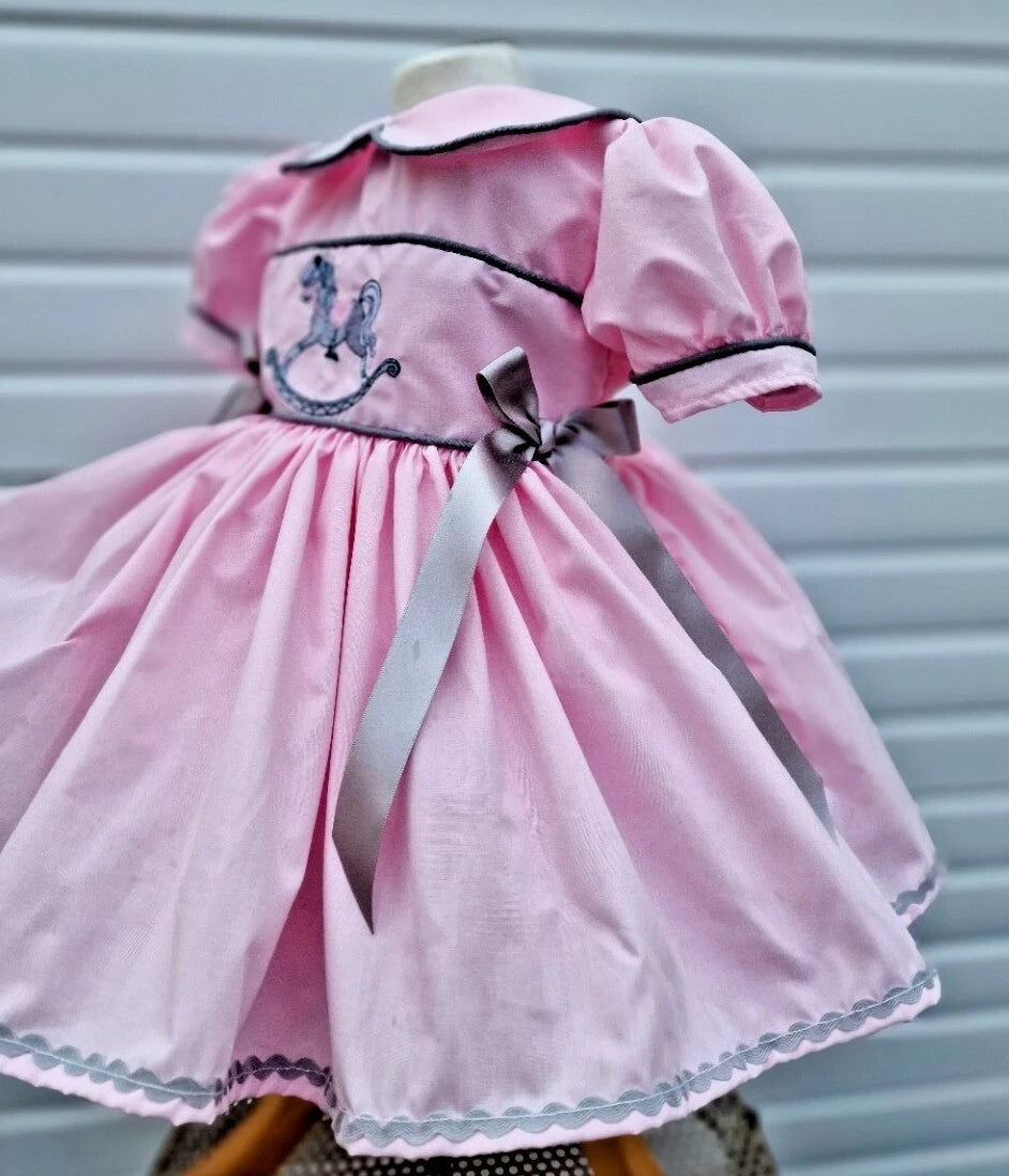 DREAM 0-8 years BABY GIRLS grey  pink rocking horse embroidered   lined dress
