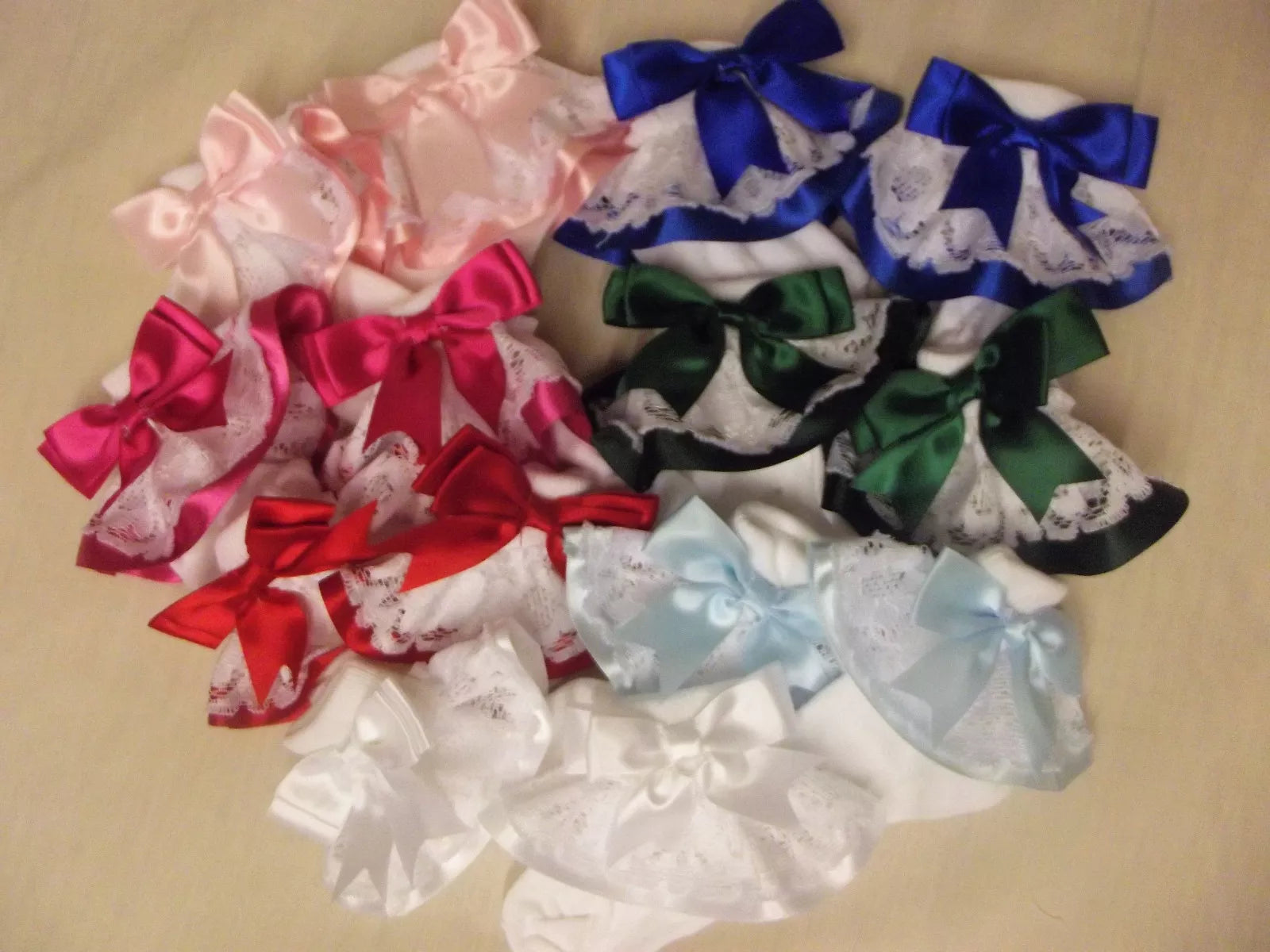 DREAM GIRLS RIBBON BOW CHOICE 16 COLOURS FRILLY SOCKS ALL SIZES OR REBORN DOLLS