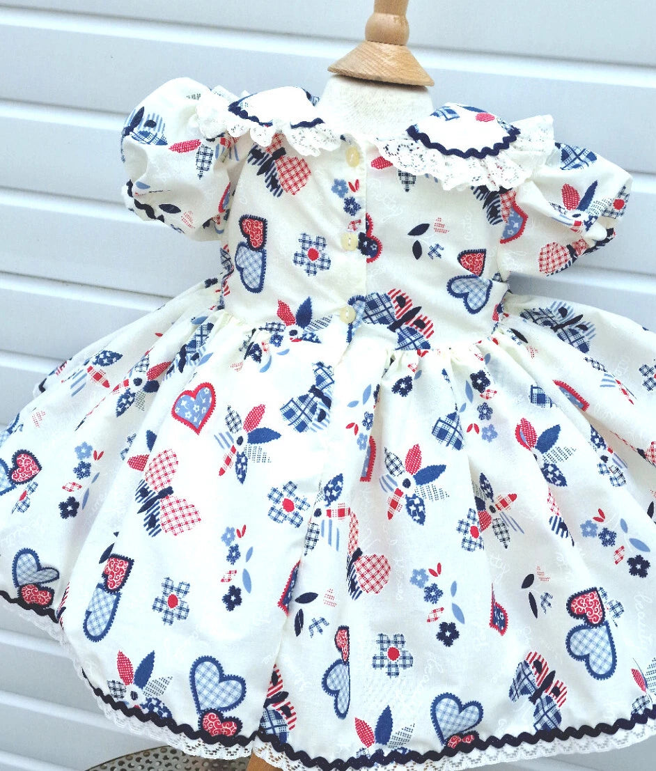 DREAM 0-8 years BABY GIRLS cream navy red hearts traditional romany twirly dress