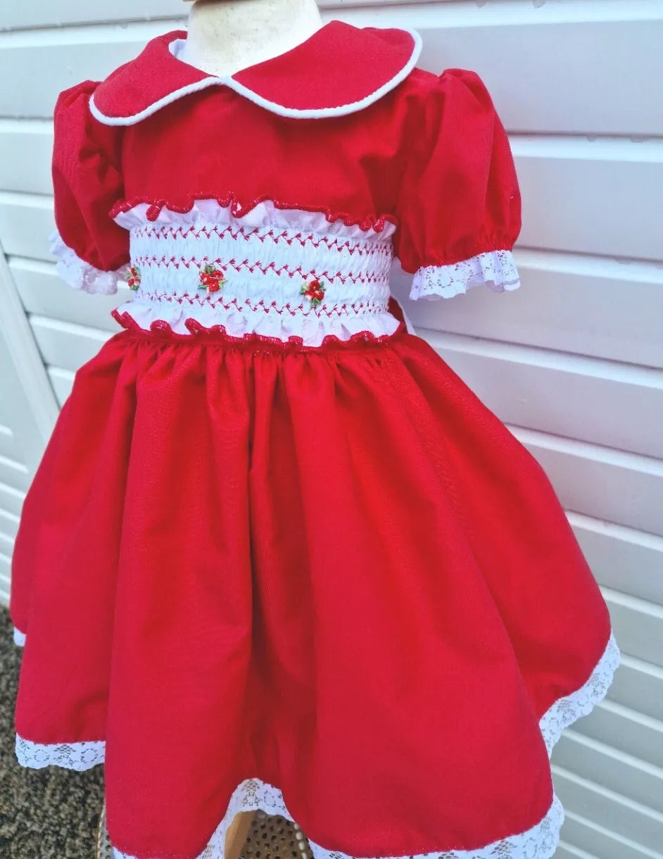 DREAM 0-8 years BABY GIRLS Red Xmas traditional Spanish  smocked lined  dress