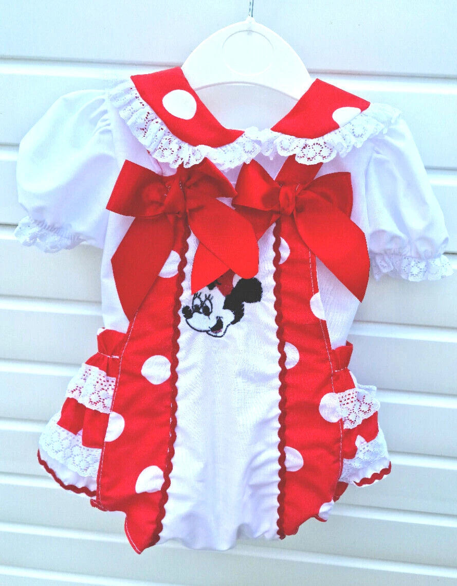 DREAM 0-6 years BABY GIRLSMINNE MOUSE BLOUSE AND FRILLY BUM ROMPER RED OR PINK