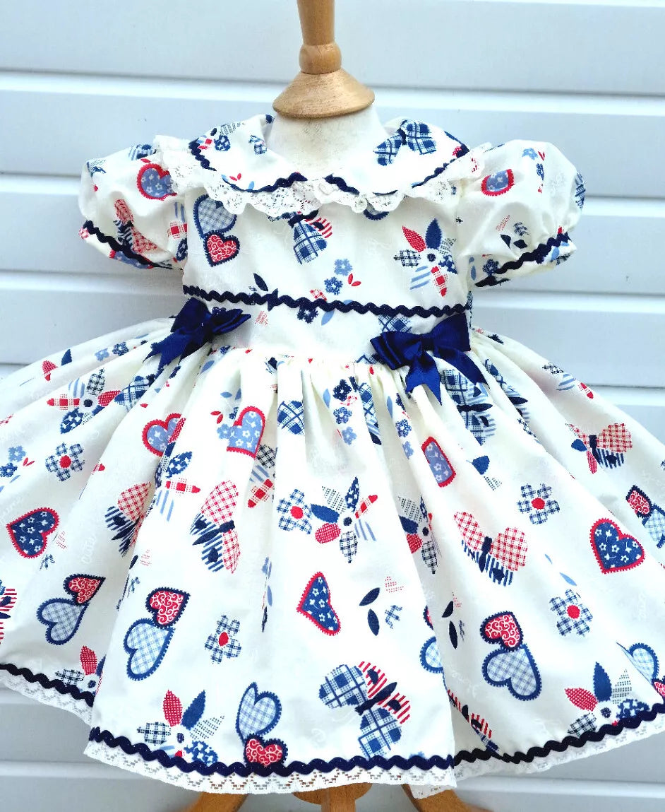 DREAM 0-8 years BABY GIRLS cream navy red hearts traditional romany twirly dress